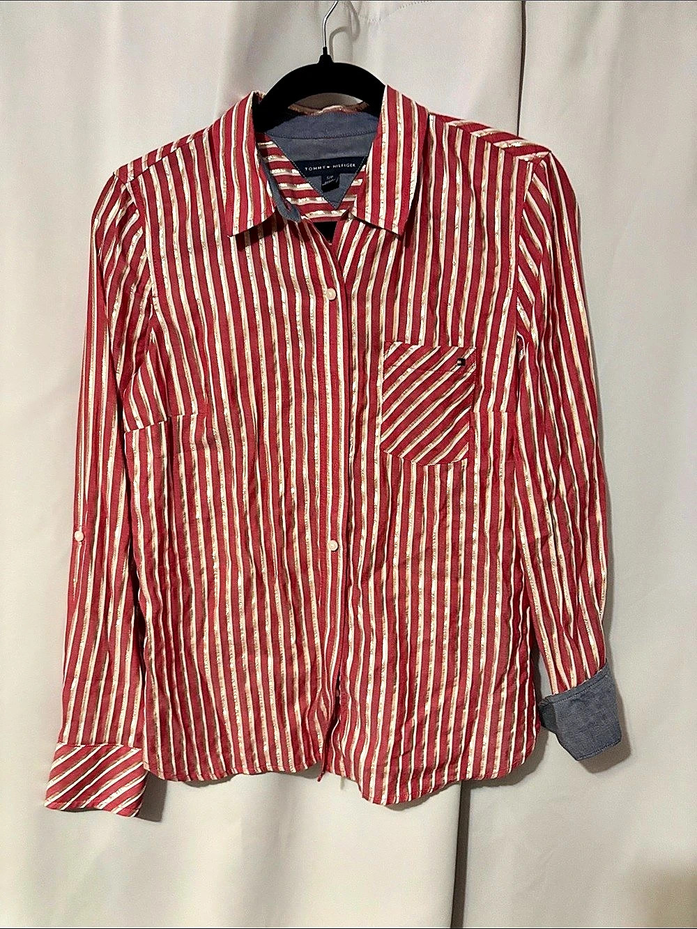 Tommy Hilfiger Striped Button Down Shirt in Red & Gold Size Small